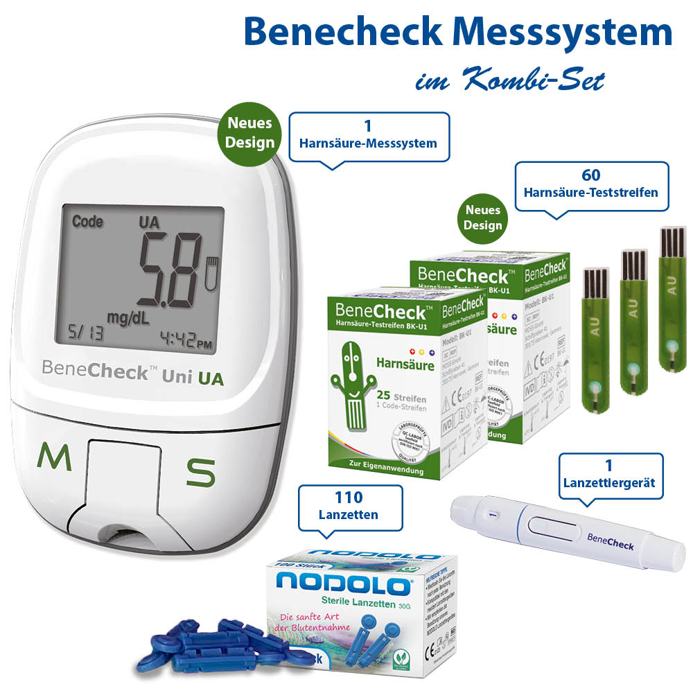 BeneCheck Harnsäure Messgerät + Teststeifen 50 Stück+ Lanzetten 100 Stück