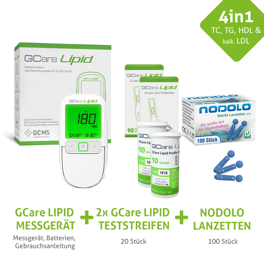 GCARE LIPID Cholesterin Messgerät 4 in1 - Kombiset, Mit 20 Teststeifen, 100 Lanzetten und hochwertiges Etui etc.