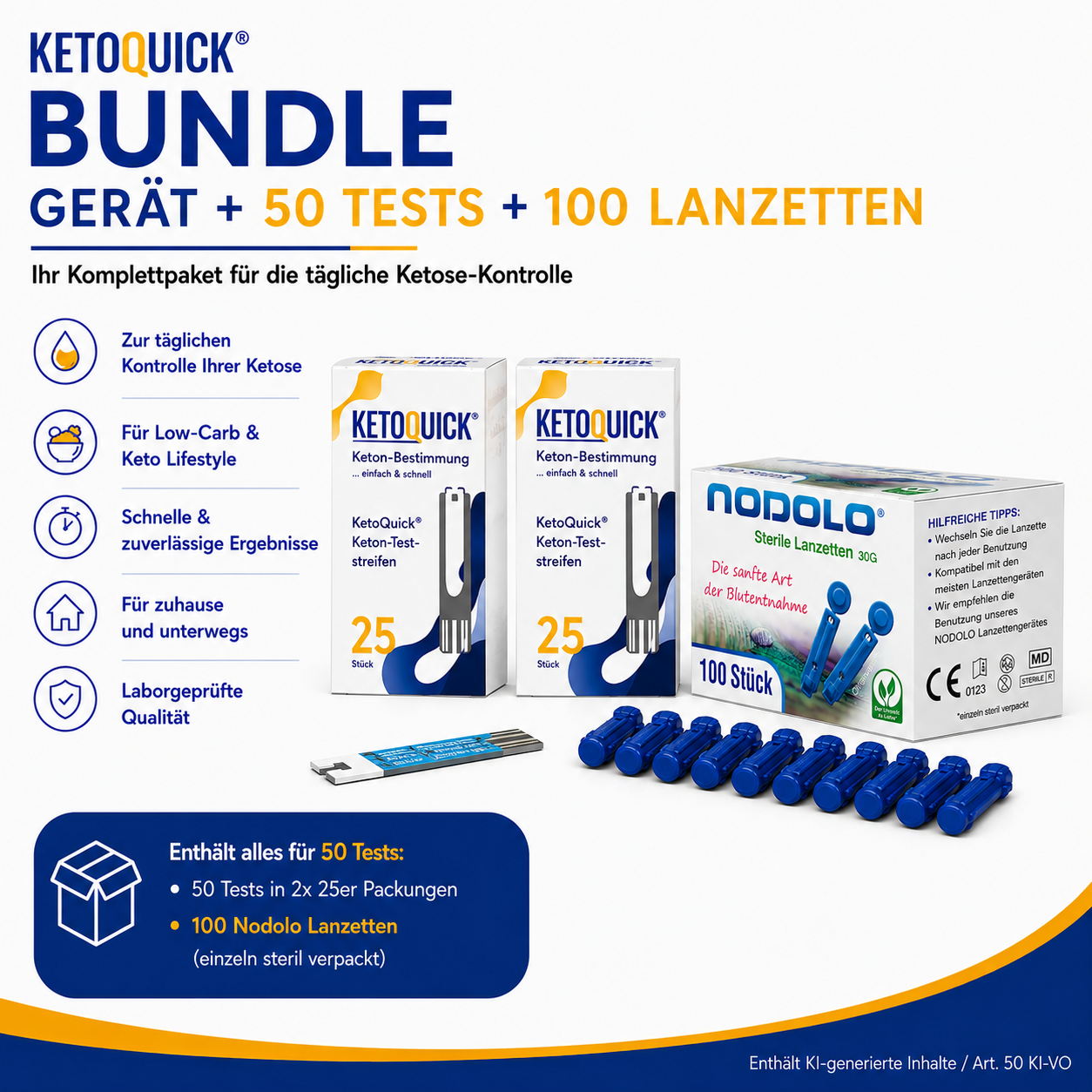 KetoQuick Keton-Teststreifen, 50 Stück + 100 Lanzetten