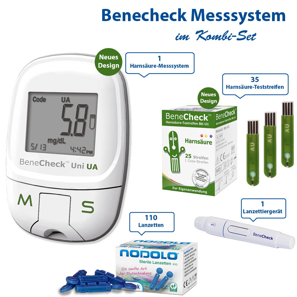 BeneCheck Harnsäure Messgerät + Teststeifen 25 Stück+ Lanzetten 100 Stück