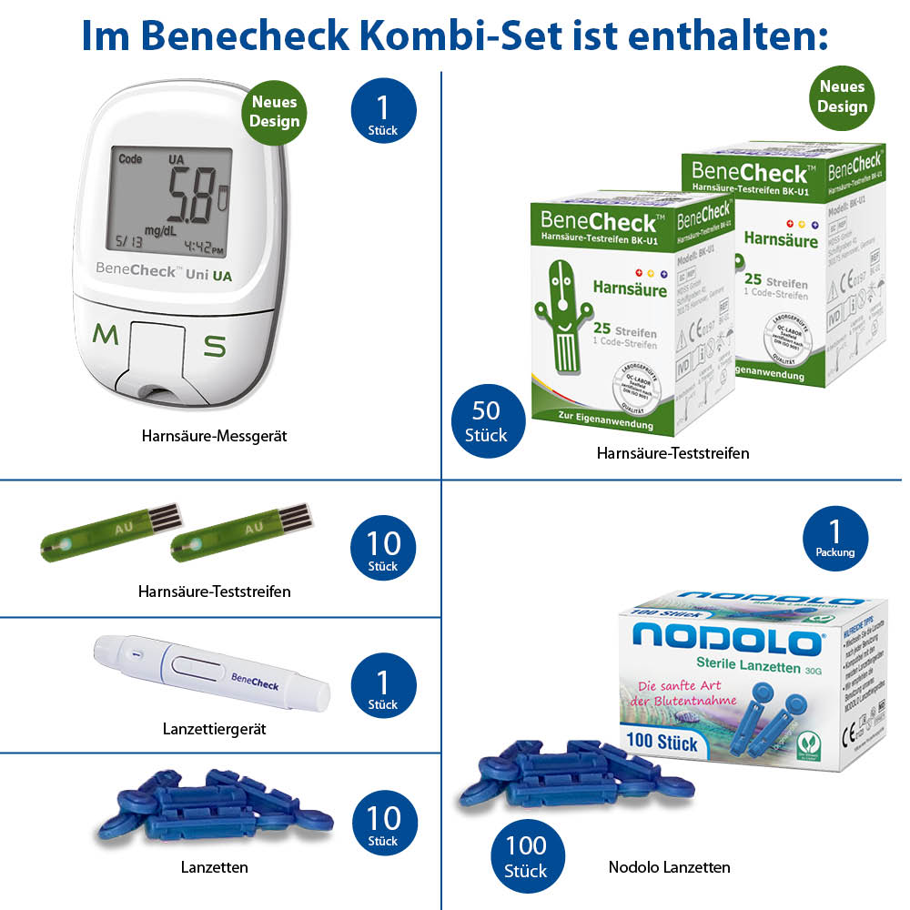 BeneCheck Harnsäure Messgerät + Teststeifen 50 Stück+ Lanzetten 100 Stück