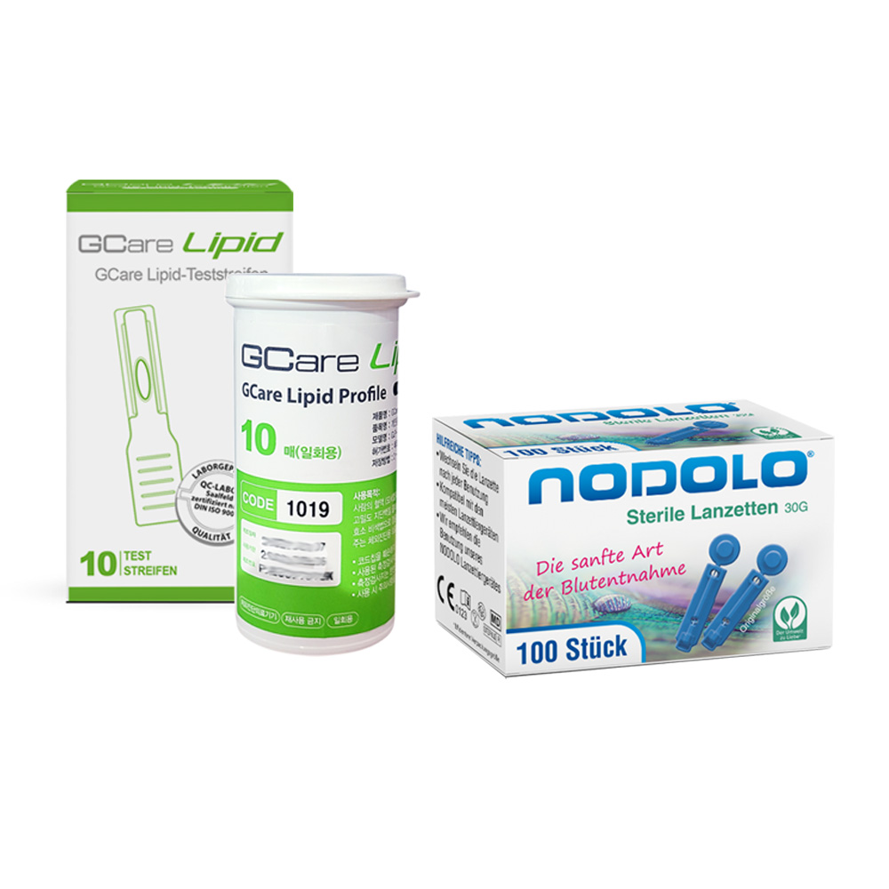 GCare Lipid Teststreifen 10 Stück+ 100 Lanzetten (TC, TG, HDL& kalk. LDL)