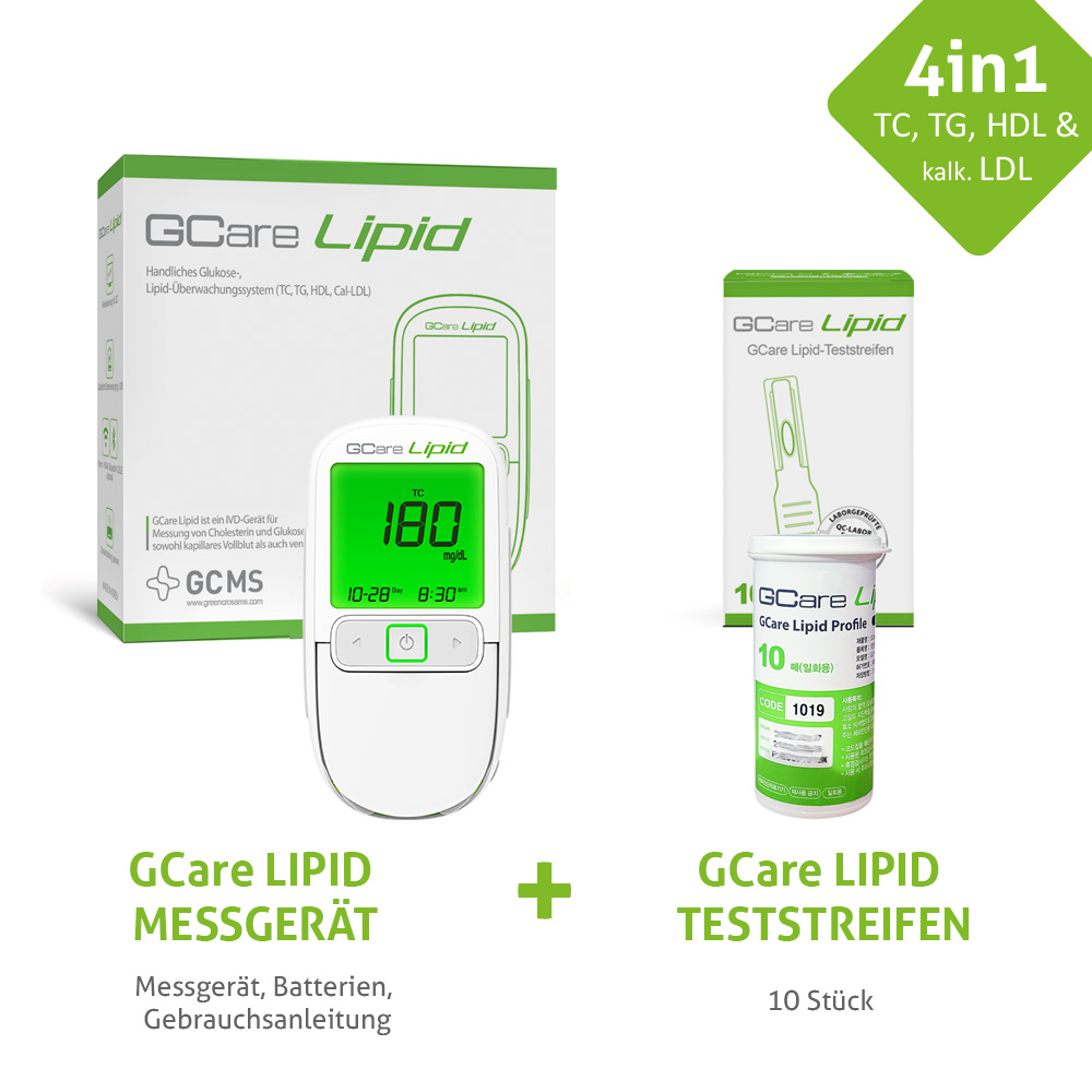 GCARE LIPID Cholesterin Messgerät 4 in1 - Kombiset, Mit 10 Teststeifen und hochwertiges Etui etc.