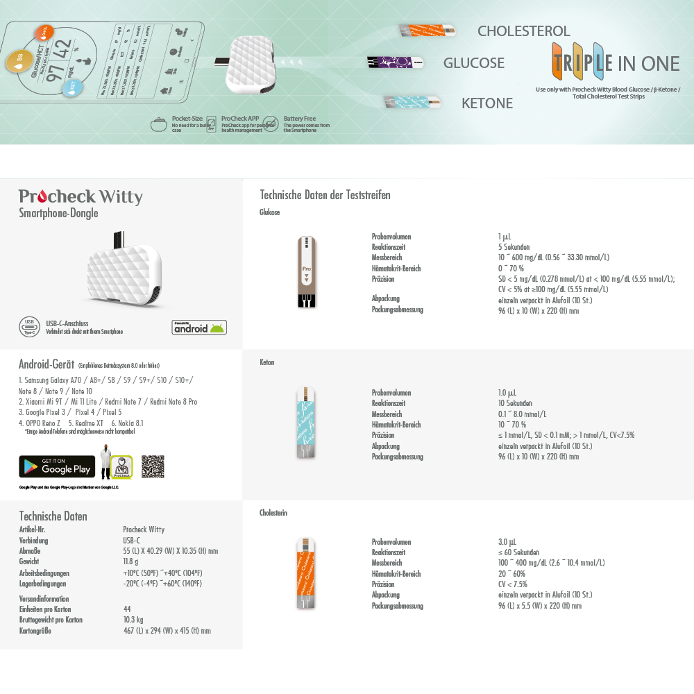 Procheck Witty mit 1 x Chol, 1x Keto, 1x Gluco, 1 x Nodolo