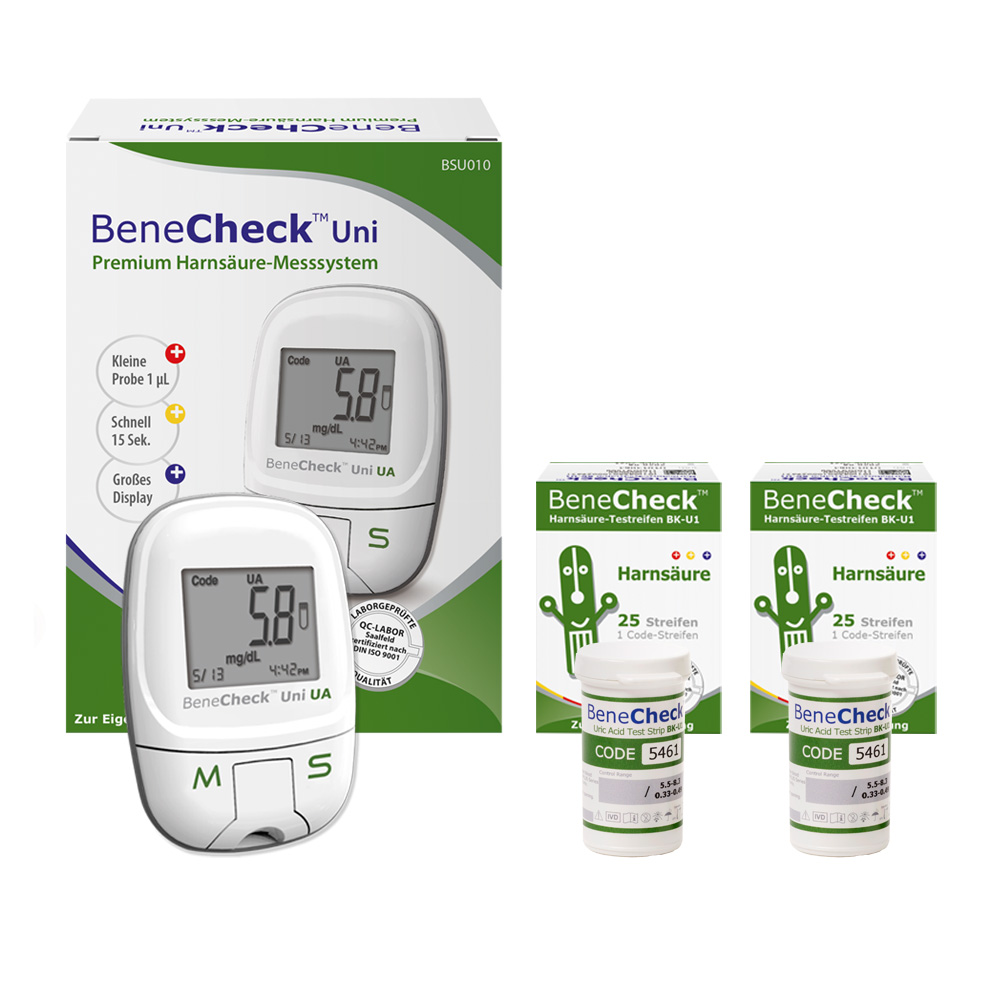 BeneCheck Harnsäure Messgerät + Teststeifen 50 Stück