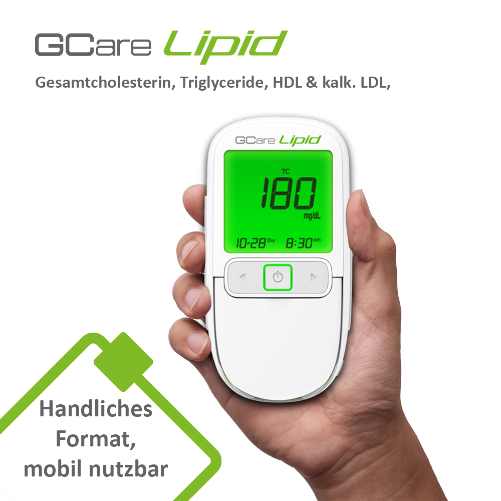 GCARE LIPID Cholesterin Messgerät 4 in1 - Kombiset, Mit 20 Teststeifen, 100 Lanzetten und hochwertiges Etui etc.
