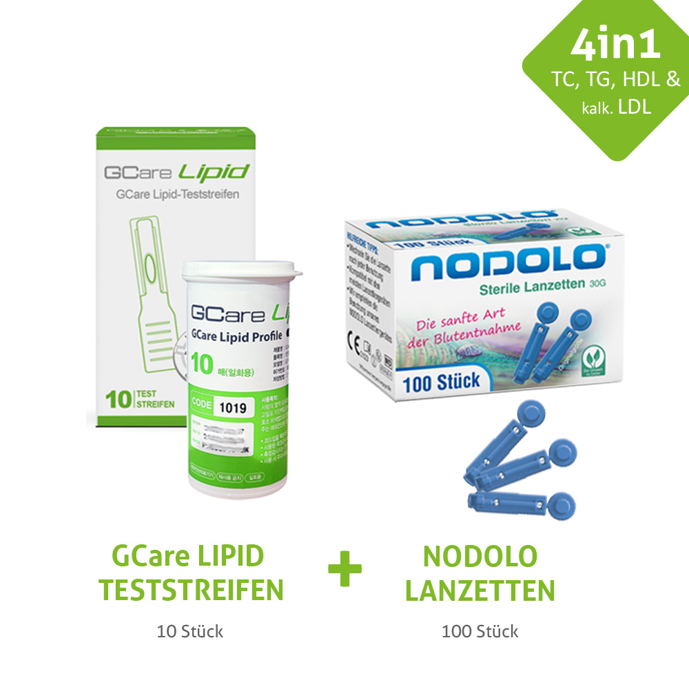 GCare Lipid Teststreifen 10 Stück+ 100 Lanzetten (TC, TG, HDL& kalk. LDL)