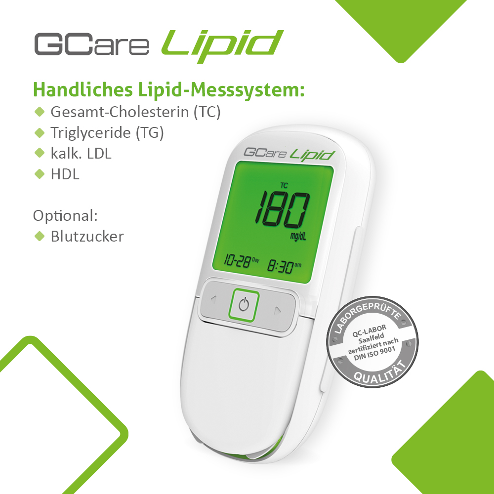 GCARE LIPID Cholesterin Messgerät 4 in1 - Kombiset, Mit 20 Teststeifen, 100 Lanzetten und hochwertiges Etui etc.