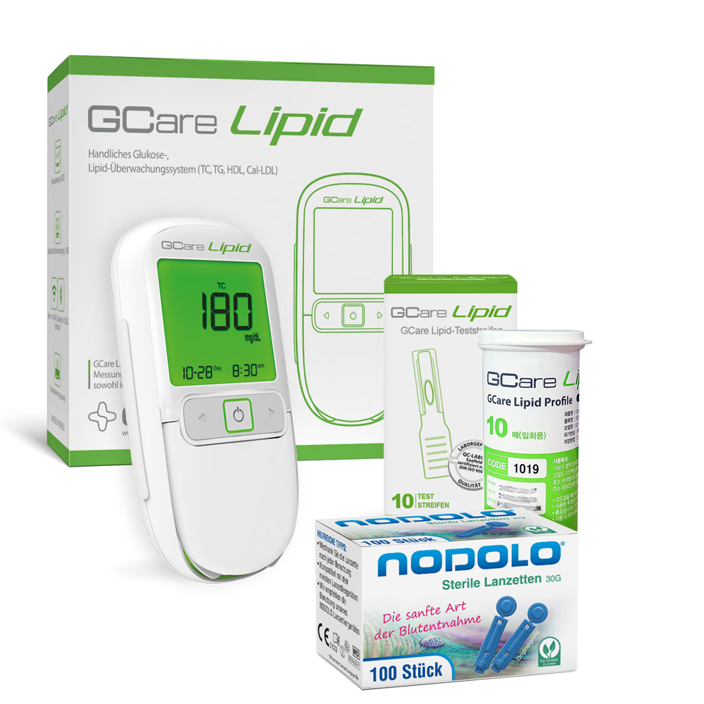 GCARE LIPID Cholesterin Messgerät 4 in1 - Kombiset, Mit 10 Teststeifen, 100 Lanzetten, hochwertiges Etui etc.